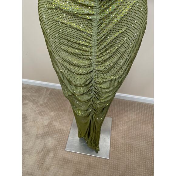 Retrofete Marsann Crystal Embellished Ruched Sheer Green Maxi Dress Size Large - Picture 8 of 11